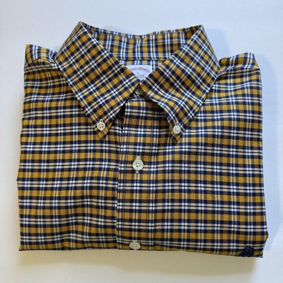 Brooks Brothers Supima Cotton Original Polo Button Shirt Men's Sz L Yellow Navy - Picture 1 of 14